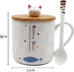 123Arts Japanese Cat Ceramics Coffee Mug Teacup with Lid and Spoon