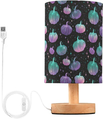 Glowing Neon Pumpkin Bedside Table Lamp Small Desk Lamps Linen Fabric Shade Decorative Nightstand Lamp LED with USB Port Wood Base for Bedroom Living Room