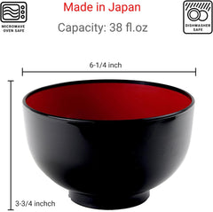 JapanBargain 2045, Japanese Soup Bowl, 38 fl.oz, Plastic Bowl for Ramen, Udon, Pho, Rice, and Cereal, Microwave & Dishwasher Safe, Black and Red Color, Made in Japan