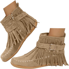 Cowboy Boots for Women Fringe Studded Stitched Ankle Booties 2025 Roman Retro Round Toe Side Zipper Flock Cowgirl Boots