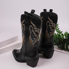 Women's Cowboy Boots Square Toe Wide Calf Cowgirl Boots Pointed Toe Chunky Heel Vintage Country Western Wide Calf Botas