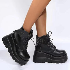 Crzidha Womens Chunky Platform Ankle Boots Dressy Halloween Dark Gothic Wings Bat Print Lace-up Wedge Heel Short Boots Classic Comfortable Matte Glossy Hidden High Heels Shoes