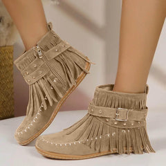 Cowboy Boots for Women Fringe Studded Stitched Ankle Booties 2025 Roman Retro Round Toe Side Zipper Flock Cowgirl Boots