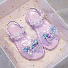 Girls' Pearl Sandals Summer Children's Soft Soled Girls' Princess Sandals Toddler Pool Bowknot Rhinestone Sparkingly Flat