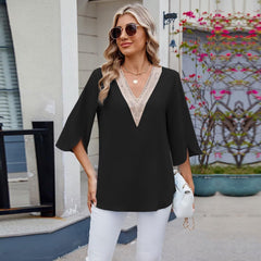 Elegant Women's 3/4 Sleeved Top Embroidered Lace V-Neck Blouse Ideal for Office & Casual Shirt Wear