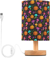 Cartoon Pumpkins Mushrooms Bedside Table Lamp Small Desk Lamps Linen Fabric Shade Decorative Nightstand Lamp LED with USB Port Wood Base for Bedroom Living Room