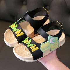 Boys Dinosaur Print Soft Bottom Non Slip Pvc Sandals Collision Color Beach Shoes For Toddler Little/big 9c Slides Boys