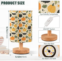 Cartoon Bats Pumpkin Bedside Table Lamp Small Desk Lamps Linen Fabric Shade Decorative Nightstand Lamp LED with USB Port Wood Base for Bedroom Living Room