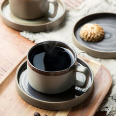 Handmade Retro Japanese Ceramic Coffee Cup And Plate Set, Home Breakfast Milk Mug-Dark brown -250ml/8.5oz