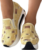 Ohxixhia Wedge Floral Walking Shoes Embroidery Floral Mesh Lace Chunky Sneakers Slip On Arch Support Shoes Fashion Sneakers