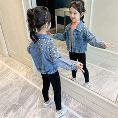 Yiqinyuan Kids Denim Jackets Spring Autumn Baby Jacket Girl Trench Jean Coat Button Pearls Children Outerwear Windbreaker