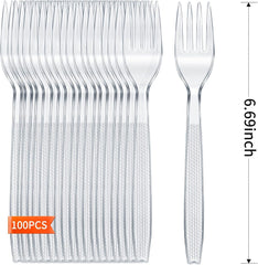 100 Count Extra Heavy Duty Disposable Clear Plastic Forks,BPA-Free,Heat Resistant,Premium Durable Plastic Cutlery for Parties, Picnics, Big Event, Daily Use