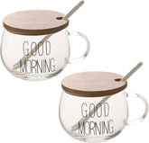 TREEWOO GOOD MORNING Clear Mug For Coffee Dessert Milk Tea Yogurt Round Glass Cup Handgrip Drinkware With Bamboo Lid Tulip Ceramic Spoon