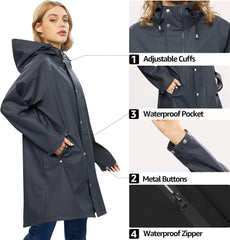 UNIQUEBELLA Rain Jackets for Women Waterproof, Raincoat Long Hooded Rain Coats Outdoor Windbreaker Trench Coat