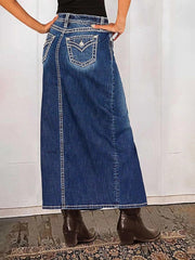 Flamingals Straigh High Rise Vintage Split Back Contrast Stitch Detail Denim Skirt