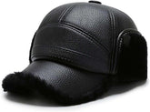 Winter Leather Baseball Cap,Adjustable Men's Hat with Earflap,Winter Warm Men Soft Hunting Hat (Black)