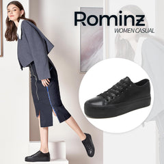Rominz Women's White Platform Sneakers PU Leather Platform Shoes Classic Black Low Top Sneakers Casual Walking Shoes for Women