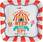 Fun Express Step Right Up Carnival Party Square Paper Dinner Plates - Carnival Themed Disposable Dessert Paper Plates - Decorations Tableware for Birthday Baby Shower - Party Supplies - 8 Pieces