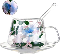 250 ml Glass Coffee Cup with Saucers and Spoons Double Wall Insulated Glass Coffee Mug Flower Tea Cups with Handle for Cappuccino Latte Tea Hot Beverages (Green white)