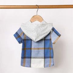Toddler Baby Boys Plaid Button Down Shirt Short Sleeve Casual Cotton Hoodie Tops with Pockets Kids Tee Summer Clothes