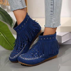 Womens Cowboy Boots Fringe Tassel Studded Back Zipper Flat Ankle Boots Fashion Round Toe Wide Width Non-Slip Booties