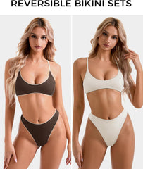 SUUKSESS Women High Waisted Thong Bikini Set Reversible String 2 Piece Swimsuit