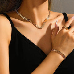 3PCS Flat Snake Chain Jewelry Set, Women's Wheat Motif Necklace, Bracelet, and Ring Set, Trendy Gold Tone Stackable Fashion Accessories, Jewelry Set (Gold)