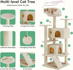 54'' Cat Climbing Frame, Multi-Level Cats Tree Tower, Pet Activity Center with Large Apartment, Anti-Tipping Devices (Beige)