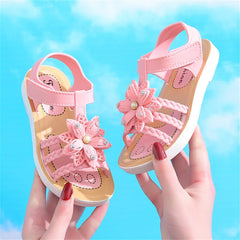 Flower Sandals for Girls, Open Toe Soft Flat Shoes Fashion Comfortable Bow Lightweight Girls Princess Dress Shoes (Pink, 4.5-5 Years Little Child)