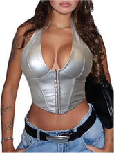 Floerns Women's Y2K PU Leather Halter Neck Hook Eye Backless Asymmetrical Party Crop Tank Top