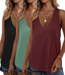 KKJ 3 Pack Womens Tank Tops Workout Summer Vacation Outfits V Neck Loose Sleeveless Blouse Casual Shirts Fall Fashion Clothes