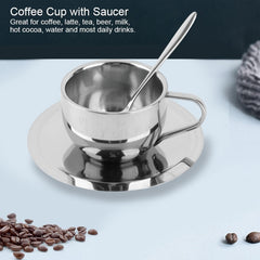 Stainless Steel Coffee Cup with Spoons & Saucer, Anti Scald Double Wall Insulation Coffee Mugs with Handle for Most Daily Drinks Tea,Milk, Water, Etc. (5.3x2.4in)