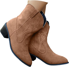 Women's Western Cowboy Cowgirl Embroidered Ankle Boots Fashion Low Chunky Heel Pointed Toe Fall Winter Short Booties Shoes Comfortable Pull On Country Boots Classic Wide Calf Booties