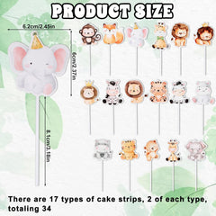 34 PCS Cartoon Animals Cupcake Toppers, Cute Animals Cake Toppers Jungle Baby Party Decorations Safari Theme Cupcakes Topper for Baby Shower Boys Kids Nursery Wild Party Supplies