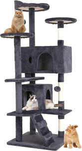BestPet | 54" Cat Tree Tower | Dark Gray | Sturdy, Easy to Assemble, Multi-Level Activity Center with Sisal Scratching Posts, Condos, Perches, Hanging Cat Toys, Observation Decks & Ladder