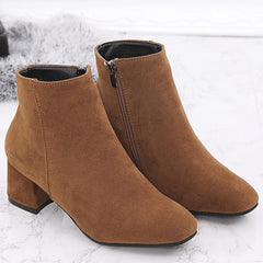 Suede Booties for Women Fall Winter Mid Block Heel Ankle Boots Women's Square Toe Chunky Heel Comfortable Short Boots Walking Shoes Fashion Classic Solid Side Zipper Heeled Booties