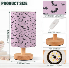 Purple Bat Silhouettes Bedside Table Lamp Small Desk Lamps Linen Fabric Shade Decorative Nightstand Lamp LED with USB Port Wood Base for Bedroom Living Room