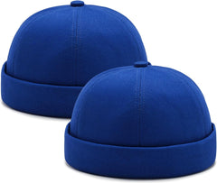 2 Pcs Mens Brimless Docker Cap Set - Retro Worker Sailor Skull Cap Beanie with Rolled Cuff