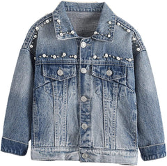 Yiqinyuan Gilrs Denim Jacket Pearls Girl Coats Kids Spring Autumn Outerwear for Children Casual Style Clothes