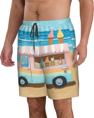 Men's Swim Trunks Summer Beach Ice Cream Truck Quick Dry Board Shorts with Pocket Swimsuit Swimwear for Men Beach Shorts