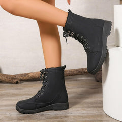 Womens Winter Snow Boots Women's High Top Plus Velvet Warm Lace Up Platform Lug Sole Booties Fashion Outdoor Casual Non-Slip Mid Calf Boots Comfortable Pull On Booties Walking Shoes