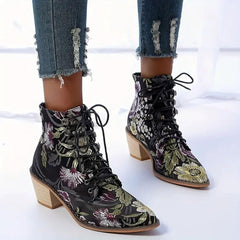 Chunky Heel Boots Women Flower Embroidered Block Heels Ethnic Ankle Booties Womens Bride Wedding Party Pointed Toe Comfortable Walking Boot Shoes Classic Lace Up Short Dress Boots