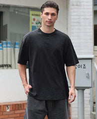 Men's Cotton T-Shirts Oversized Unisex Short Sleeves Casual Loose Wash Solid Basic Tee Tops
