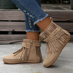 Cowboy Boots for Women Fringe Studded Stitched Ankle Booties 2025 Roman Retro Round Toe Side Zipper Flock Cowgirl Boots