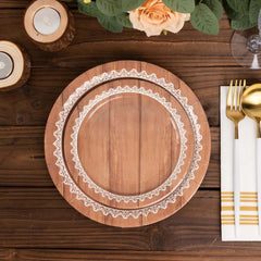 Efavormart 25 Pack White Brown Wood Grain Print Paper Dinner Plates With Floral Lace Rim, Round Disposable Party Plates - 7"