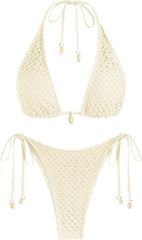 ZAFUL Women's Triangle Bikini Multiway Fishnet Tie Side Bandeau Halter String Bikini Set Two Piece Swimsuit Bathing Suits