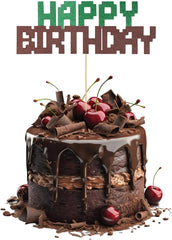 Happy Birthday Cake Topper, Green and Brown Cake Topper Cartoon Video Game Theme Decorations Easy to Use Party Supplies for Boy Girl Birthday Baby Shower