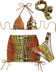 COZYEASE Women's 4 Piece Swimsuits Sexy Bikini Sets Triangle Bathing Suit with Mesh Cover Up Beach Skirt & Bandana