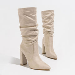 Knee High Boots Women 2025 Women's Chunky High Heels Side Zipper Pointed Toe Dress Suede Tall Boots Slouchy Fashion Womens Shoes