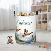 Personalized Laundry Basket for Nursery, Custom Nursery Laundry Hamper with Name, Customize Mallard Duck Baby Clothes Circular Hamper for Boys Girls Room Decor